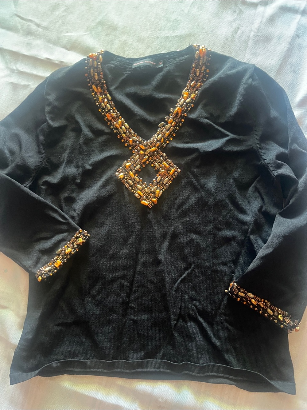 Victoria Harbour Embellished Black V-Neck Beaded Women's Top